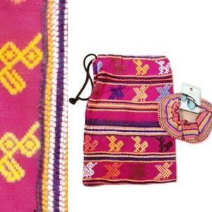Handmade Aztec Embroidered Pink Drawstring Pouch + Textile Hair Band